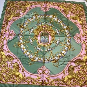 Erre Paris Vintage 100% Silk Scarf Pink Green & Gold-Hand Rolled-Made in France
